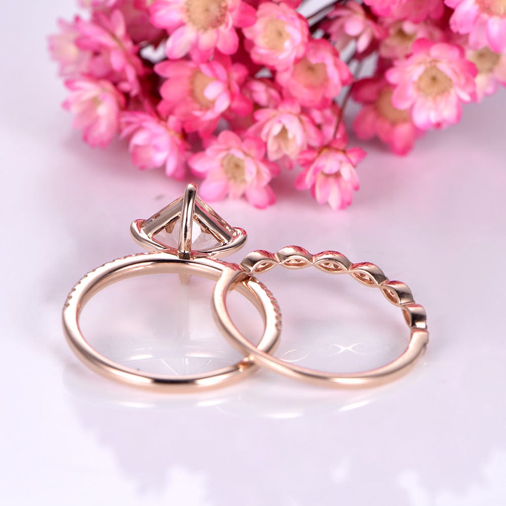 Morganite ring set princess cut morganite engagement ring 6.5mm pink gemstone art deco half eternity diamond wedding band 14k rose gold
