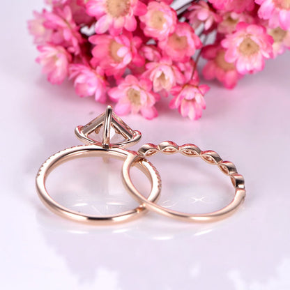 Morganite ring set princess cut morganite engagement ring 6.5mm pink gemstone art deco half eternity diamond wedding band 14k rose gold