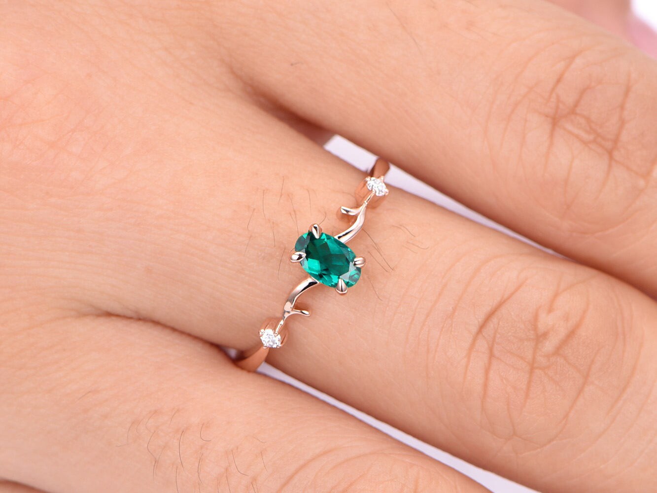 0.45ct emerald ring lab emerald engagement ring 4x6mm oval cut green stone diamond  band 14k rose gold anniversary ring custome jewelry
