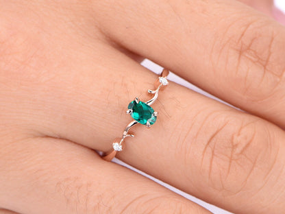 0.45ct emerald ring lab emerald engagement ring 4x6mm oval cut green stone diamond  band 14k rose gold anniversary ring custome jewelry