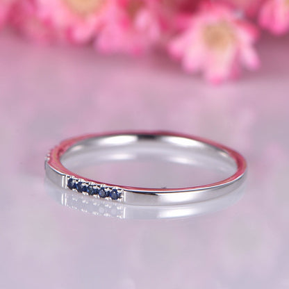 Half eternity blue sapphire ring 14k white gold sapphire band natural fancy French pave stone stacking matching band men's ring
