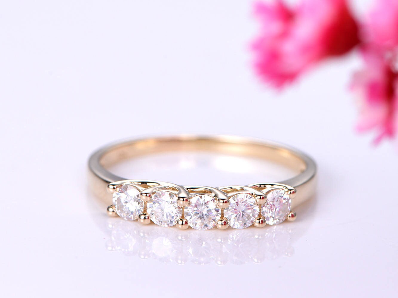 Forever classic moissanite wedding band moissanite engagement ring solid 14k rose gold matching band 3mm round cut stone customized