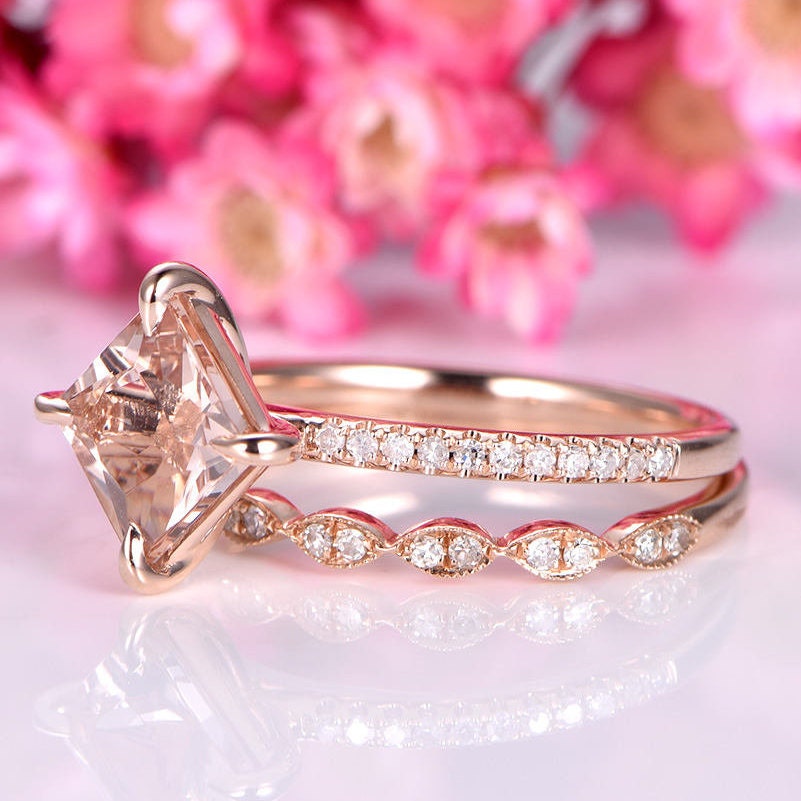Morganite ring set princess cut morganite engagement ring 6.5mm pink gemstone art deco half eternity diamond wedding band 14k rose gold