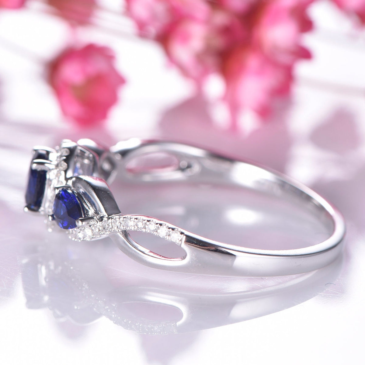Sapphire engagement ring,4x5mm oval cut & 3x4mm pear cut lab sapphire ,moissanite halo ring