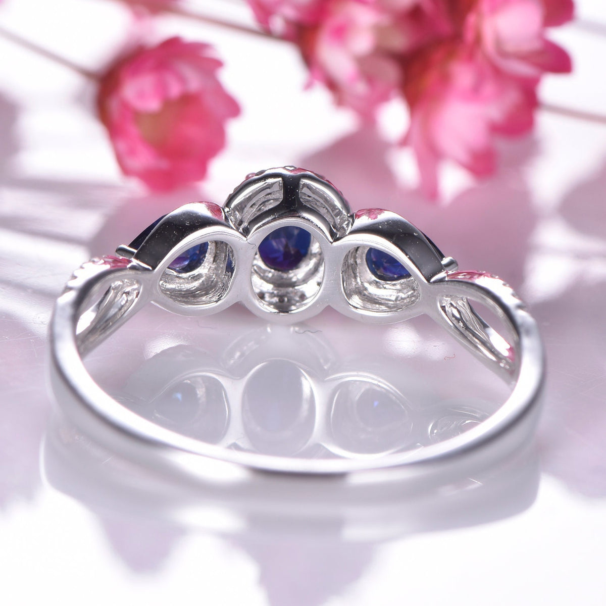 Sapphire engagement ring,4x5mm oval cut & 3x4mm pear cut lab sapphire ,moissanite halo ring