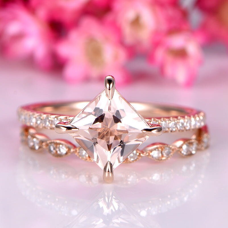 Morganite ring set princess cut morganite engagement ring 6.5mm pink gemstone art deco half eternity diamond wedding band 14k rose gold