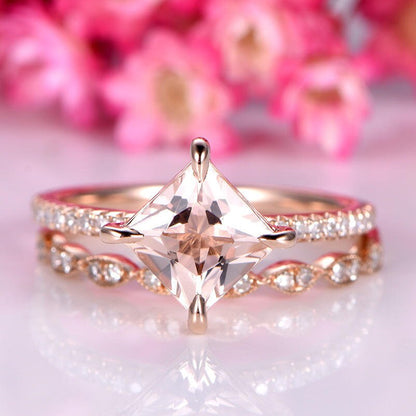 Morganite ring set princess cut morganite engagement ring 6.5mm pink gemstone art deco half eternity diamond wedding band 14k rose gold