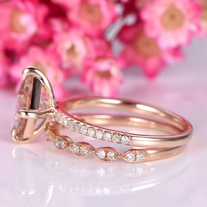 Morganite ring set princess cut morganite engagement ring 6.5mm pink gemstone art deco half eternity diamond wedding band 14k rose gold