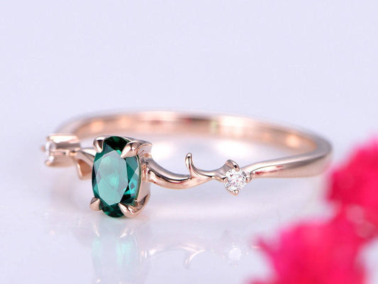 0.45ct emerald ring lab emerald engagement ring 4x6mm oval cut green stone diamond  band 14k rose gold anniversary ring custome jewelry