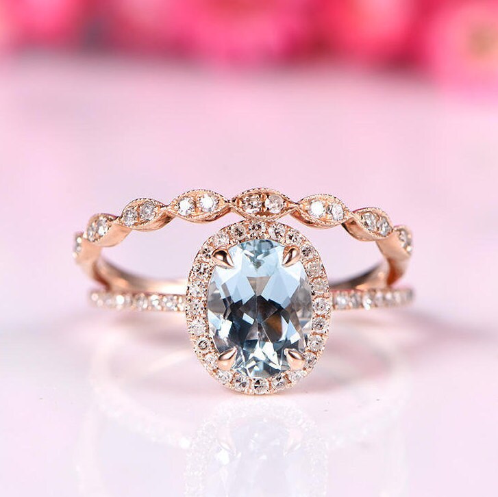 Aquamarine ring set Aquamarine engagement ring diamond ring 6x8mm oval cut natural gemstone milgrain diamond wedding band 14k rose gold