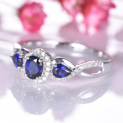 Sapphire engagement ring,4x5mm oval cut & 3x4mm pear cut lab sapphire ,moissanite halo ring