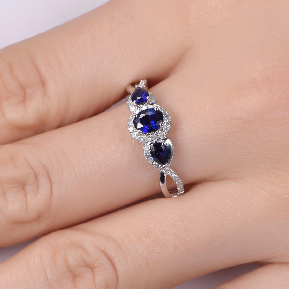 Sapphire engagement ring,4x5mm oval cut & 3x4mm pear cut lab sapphire ,moissanite halo ring