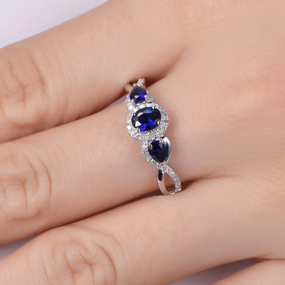 Sapphire engagement ring,4x5mm oval cut & 3x4mm pear cut lab sapphire ,moissanite halo ring