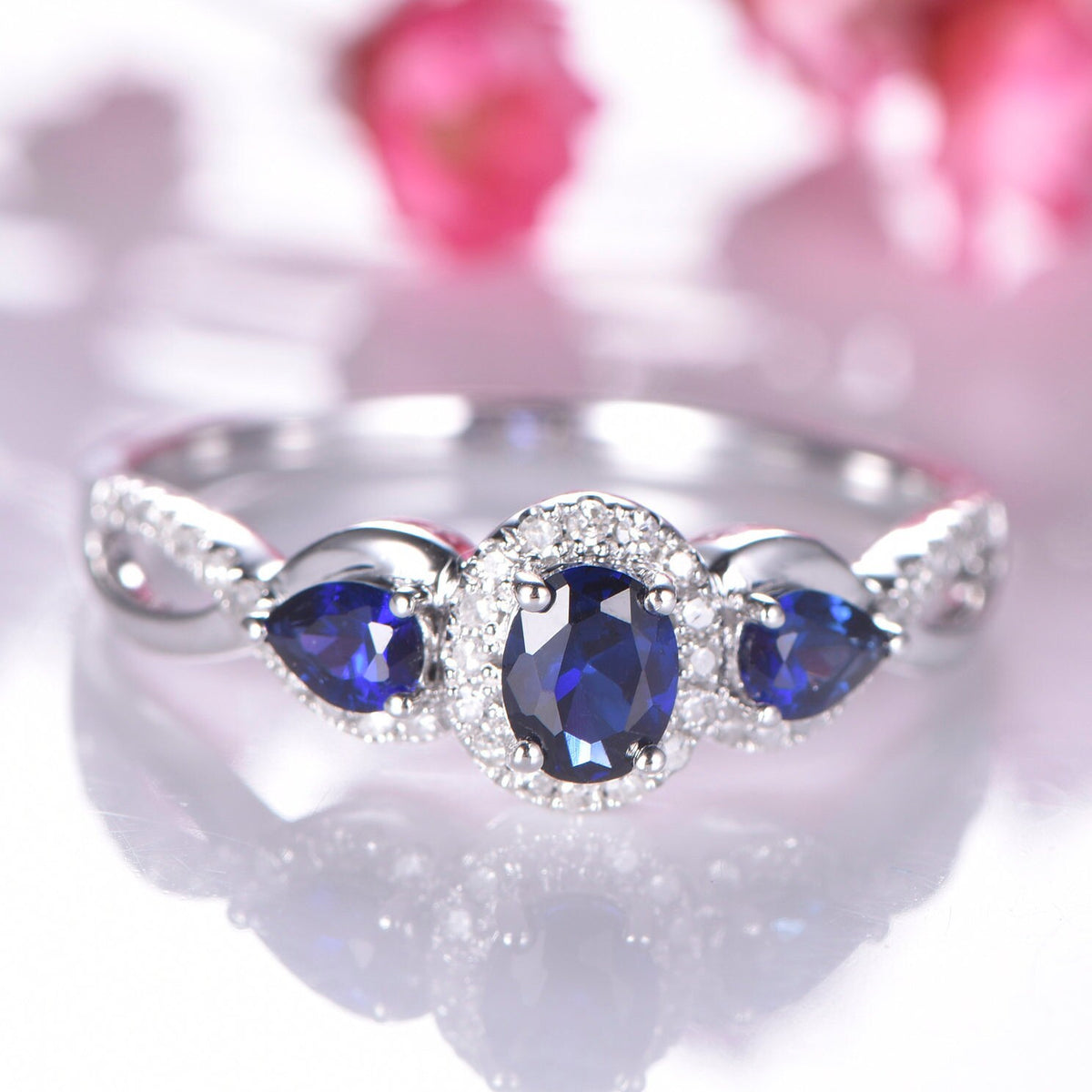 Sapphire engagement ring,4x5mm oval cut & 3x4mm pear cut lab sapphire ,moissanite halo ring