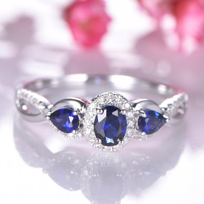 Sapphire engagement ring,4x5mm oval cut & 3x4mm pear cut lab sapphire ,moissanite halo ring