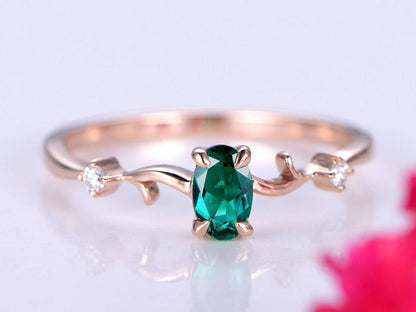 0.45ct emerald ring lab emerald engagement ring 4x6mm oval cut green stone diamond  band 14k rose gold anniversary ring custome jewelry