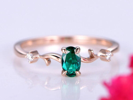 0.45ct emerald ring lab emerald engagement ring 4x6mm oval cut green stone diamond  band 14k rose gold anniversary ring custome jewelry
