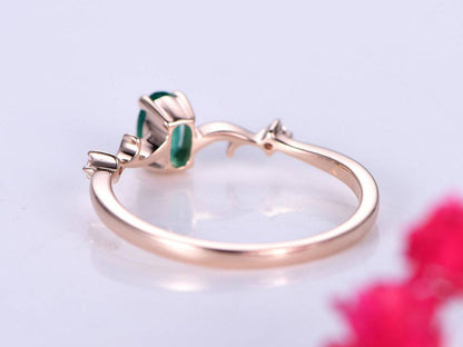 0.45ct emerald ring lab emerald engagement ring 4x6mm oval cut green stone diamond  band 14k rose gold anniversary ring custome jewelry
