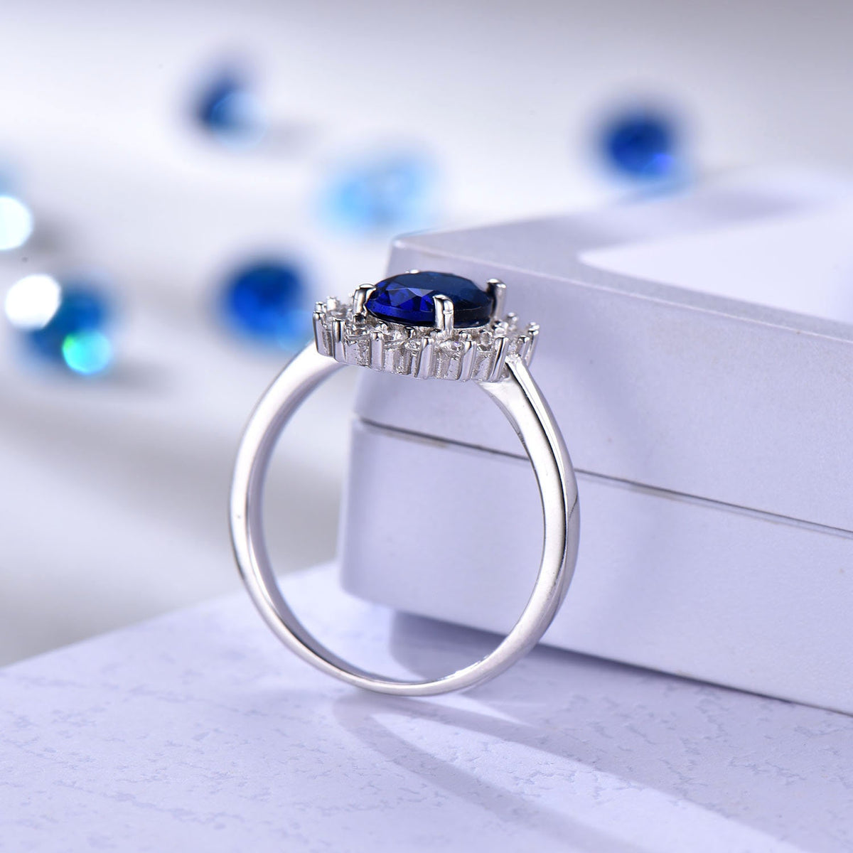 Vintage blue sapphire ring engagement ring moissanite  halo white gold band genuine gemstone princess Diana style gift for her