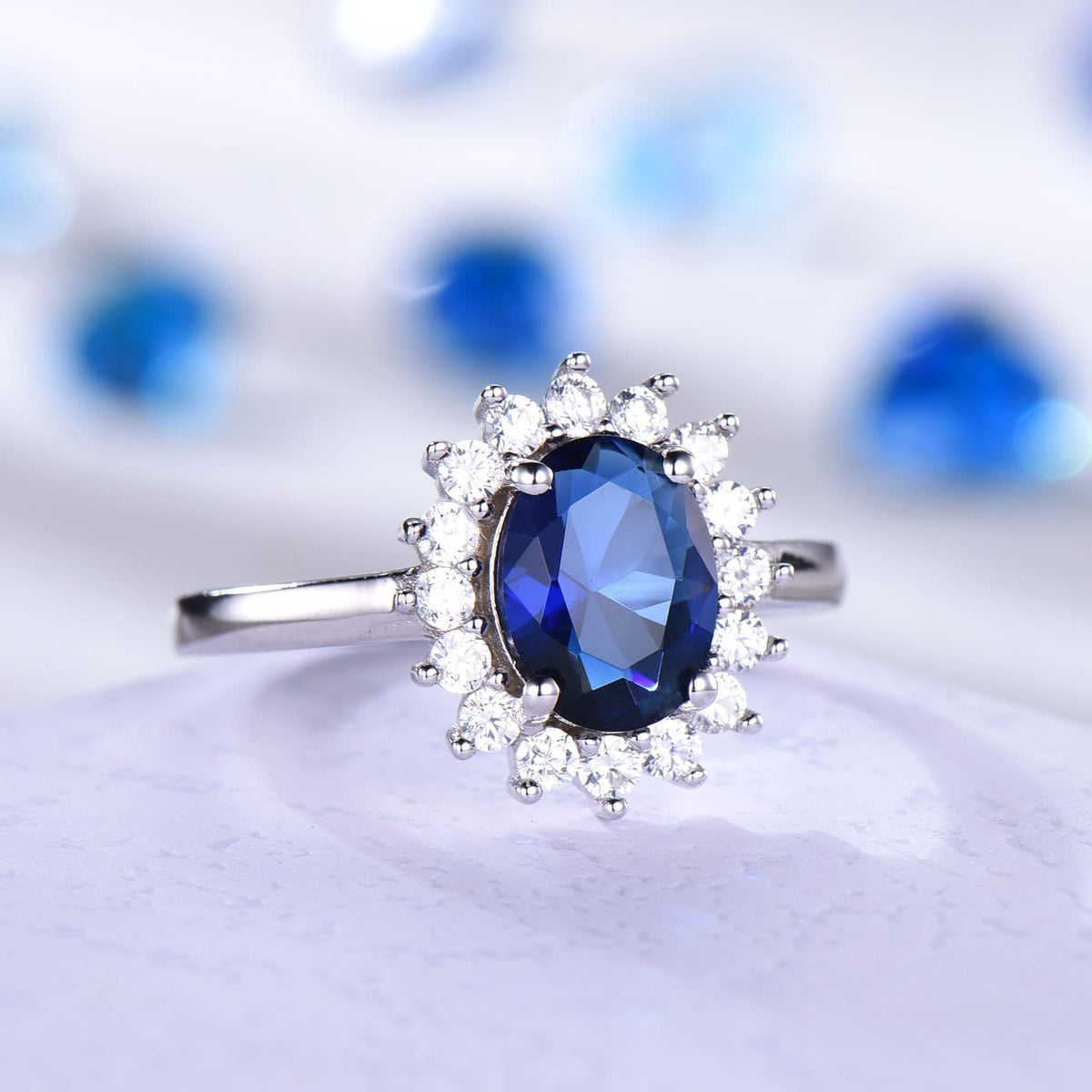 Vintage blue sapphire ring engagement ring moissanite  halo white gold band genuine gemstone princess Diana style gift for her