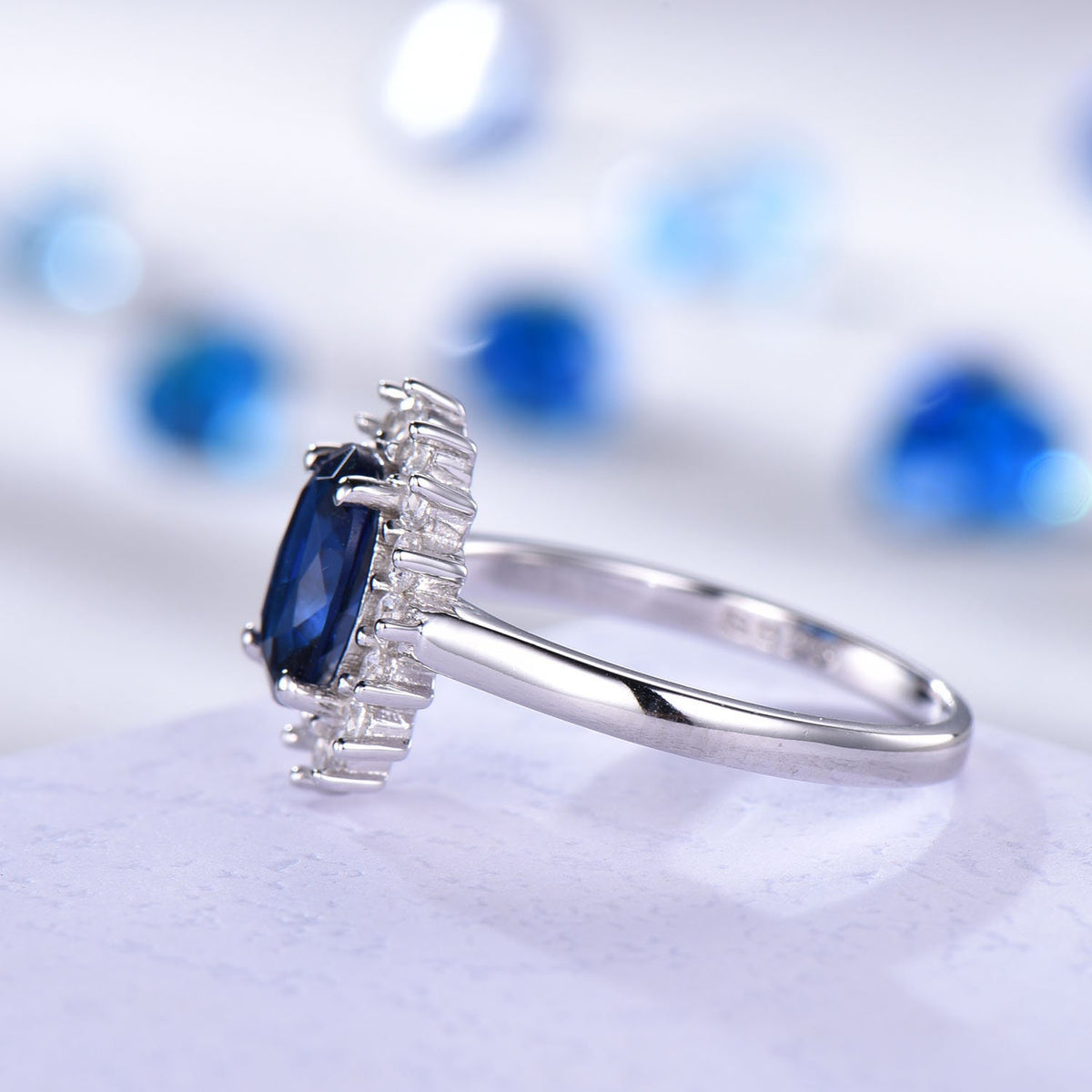 Vintage blue sapphire ring engagement ring moissanite  halo white gold band genuine gemstone princess Diana style gift for her