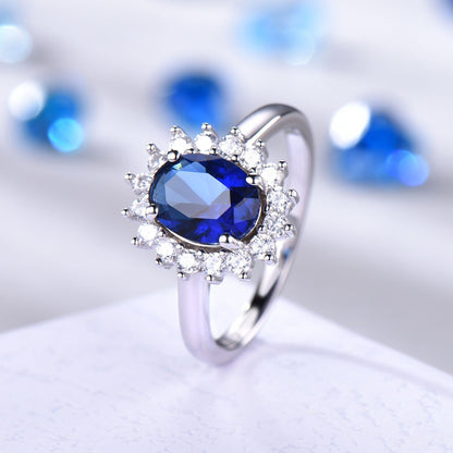 Vintage blue sapphire ring engagement ring moissanite  halo white gold band genuine gemstone princess Diana style gift for her