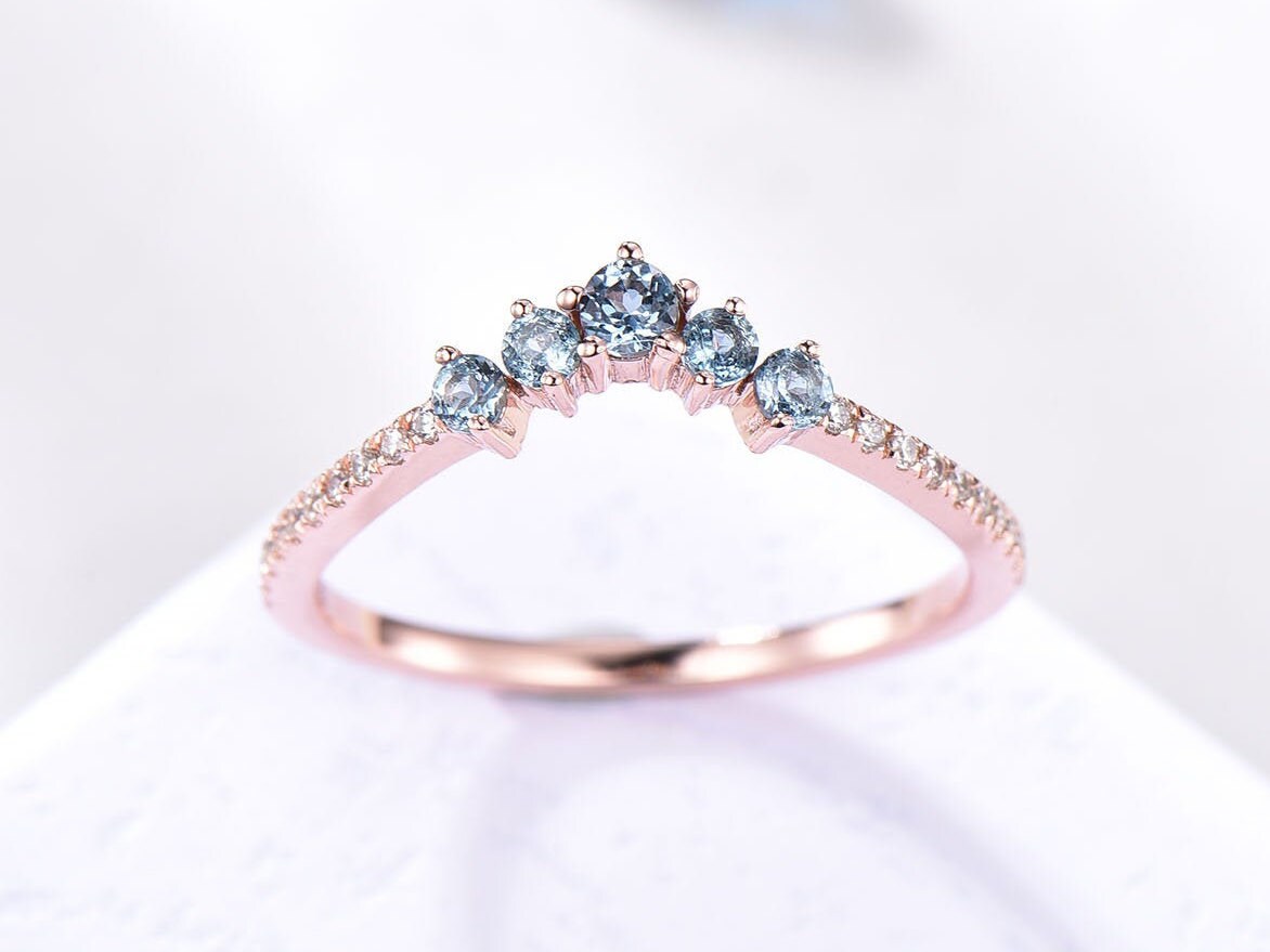 V shape topaz diamond wedding band curved stacking matching band London blue topaz half eternity ring solid 14k White gold promise bridal