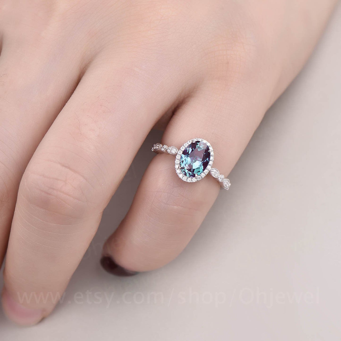 Custom order for Aadam Bhatti-6x8mm oval alexandrite ring diamond ring with 18k white +Dainty round opal alexandrite wedding band with 925 sterling silver