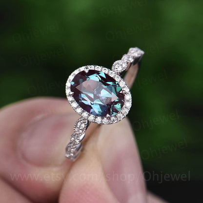 Custom order for Aadam Bhatti-6x8mm oval alexandrite ring diamond ring with 18k white +Dainty round opal alexandrite wedding band with 925 sterling silver