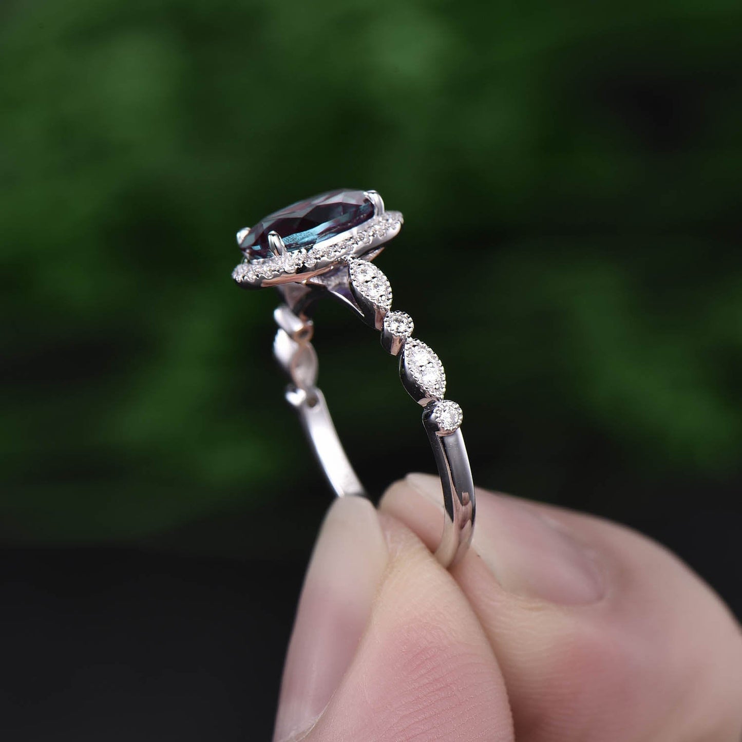 Custom order for Aadam Bhatti-6x8mm oval alexandrite ring diamond ring with 18k white +Dainty round opal alexandrite wedding band with 925 sterling silver