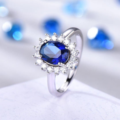 Vintage blue sapphire ring engagement ring moissanite  halo white gold band genuine gemstone princess Diana style gift for her