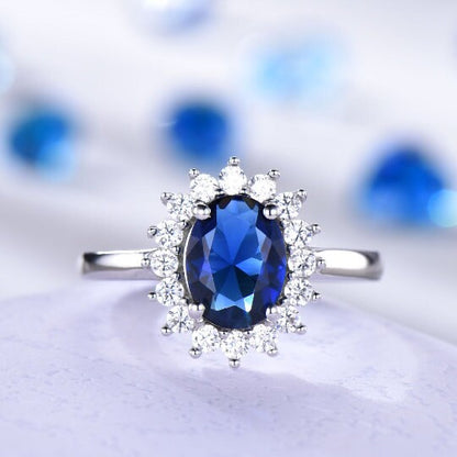 Vintage blue sapphire ring engagement ring moissanite  halo white gold band genuine gemstone princess Diana style gift for her
