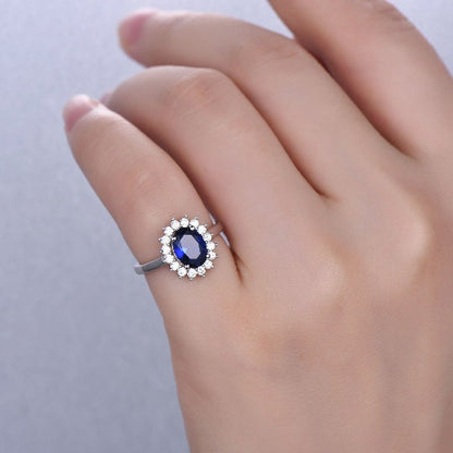 Vintage blue sapphire ring engagement ring moissanite  halo white gold band genuine gemstone princess Diana style gift for her