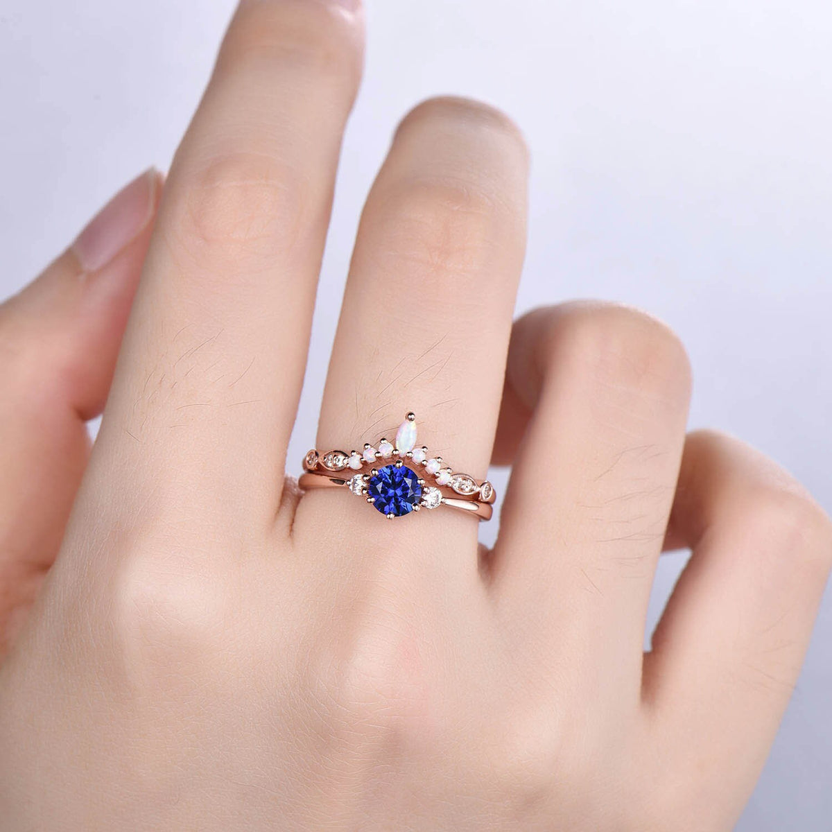 Blue sapphire engagement ring rose gold women three stone ring vintage diamond bridal promise jewelry gift for her September Birthstone