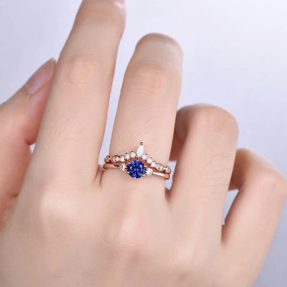 Blue sapphire engagement ring rose gold women three stone ring vintage diamond bridal promise jewelry gift for her September Birthstone