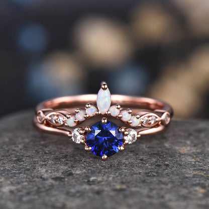 Blue sapphire engagement ring rose gold women three stone ring vintage diamond bridal promise jewelry gift for her September Birthstone