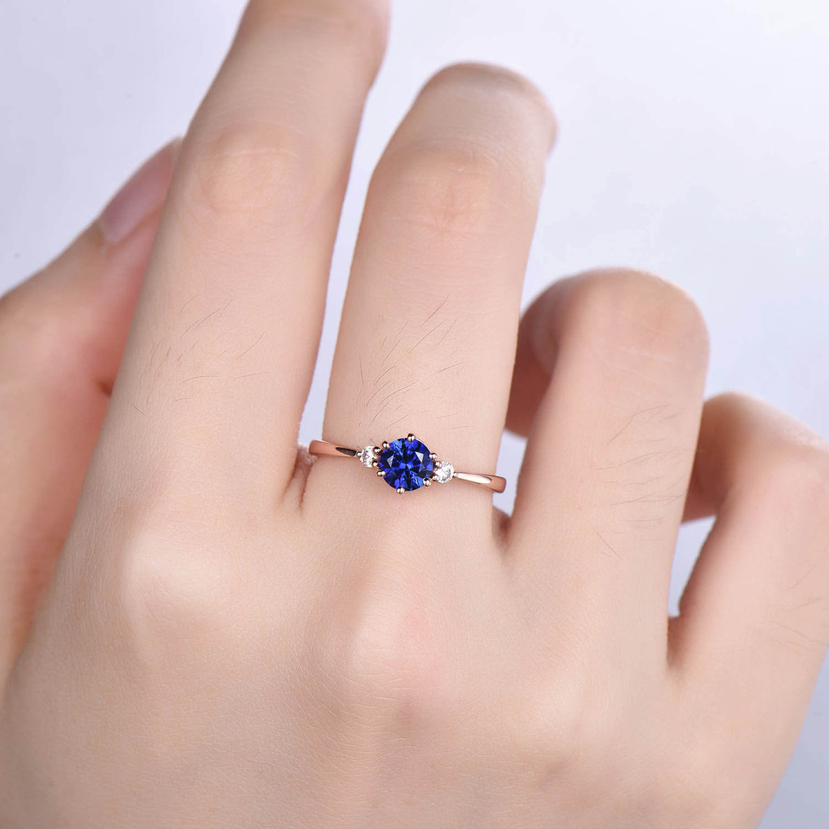 Blue sapphire engagement ring rose gold women three stone ring vintage diamond bridal promise jewelry gift for her September Birthstone