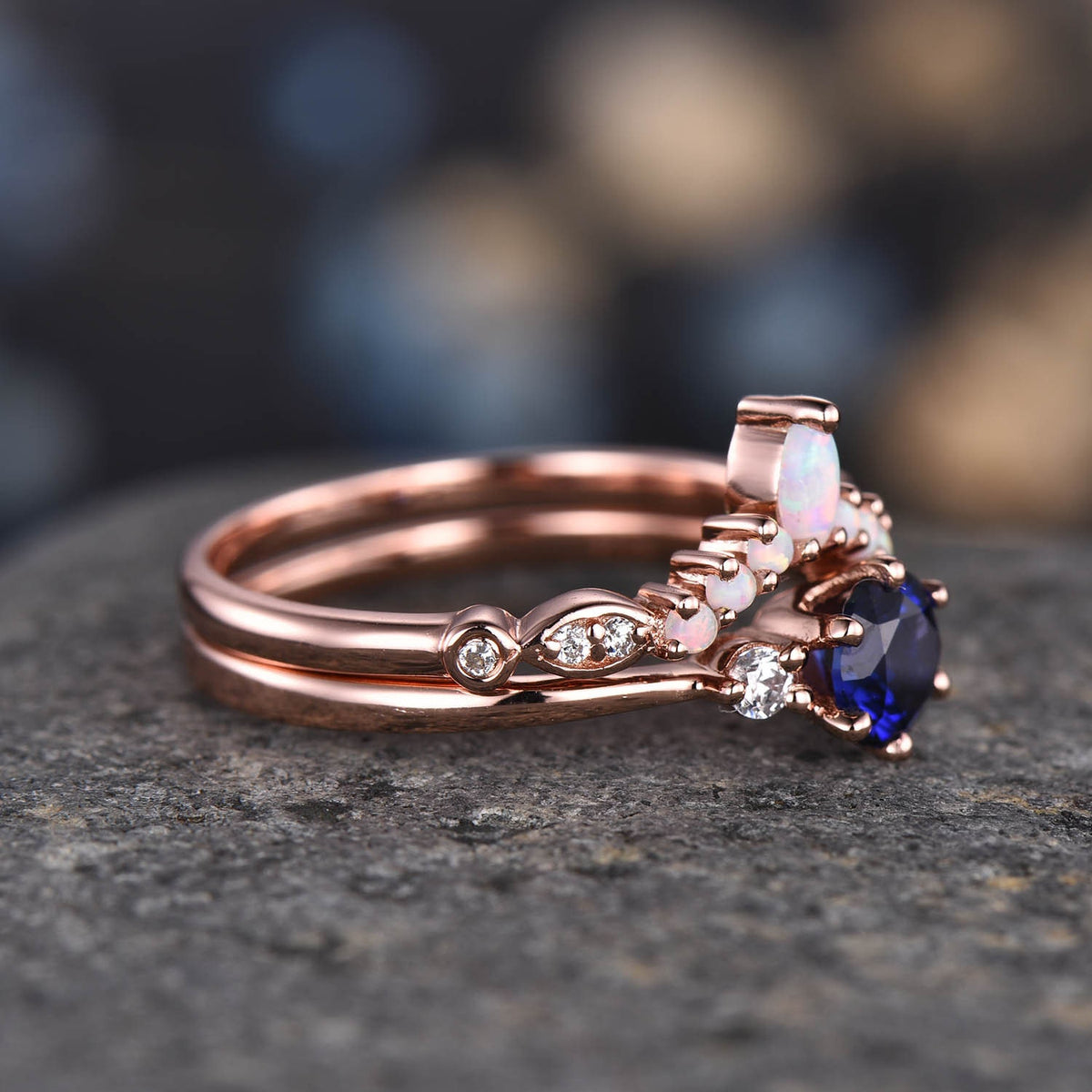 Blue sapphire engagement ring rose gold women three stone ring vintage diamond bridal promise jewelry gift for her September Birthstone