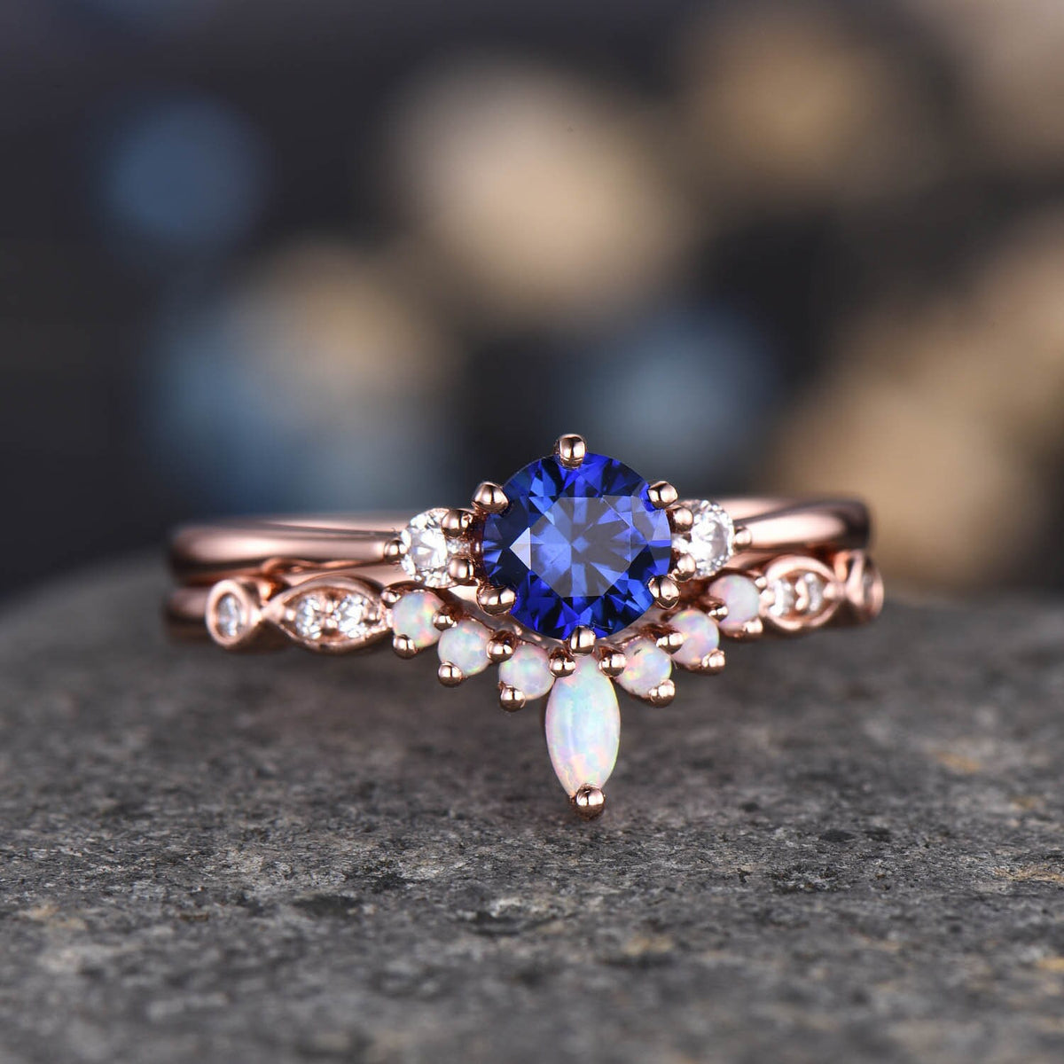 Blue sapphire engagement ring rose gold women three stone ring vintage diamond bridal promise jewelry gift for her September Birthstone