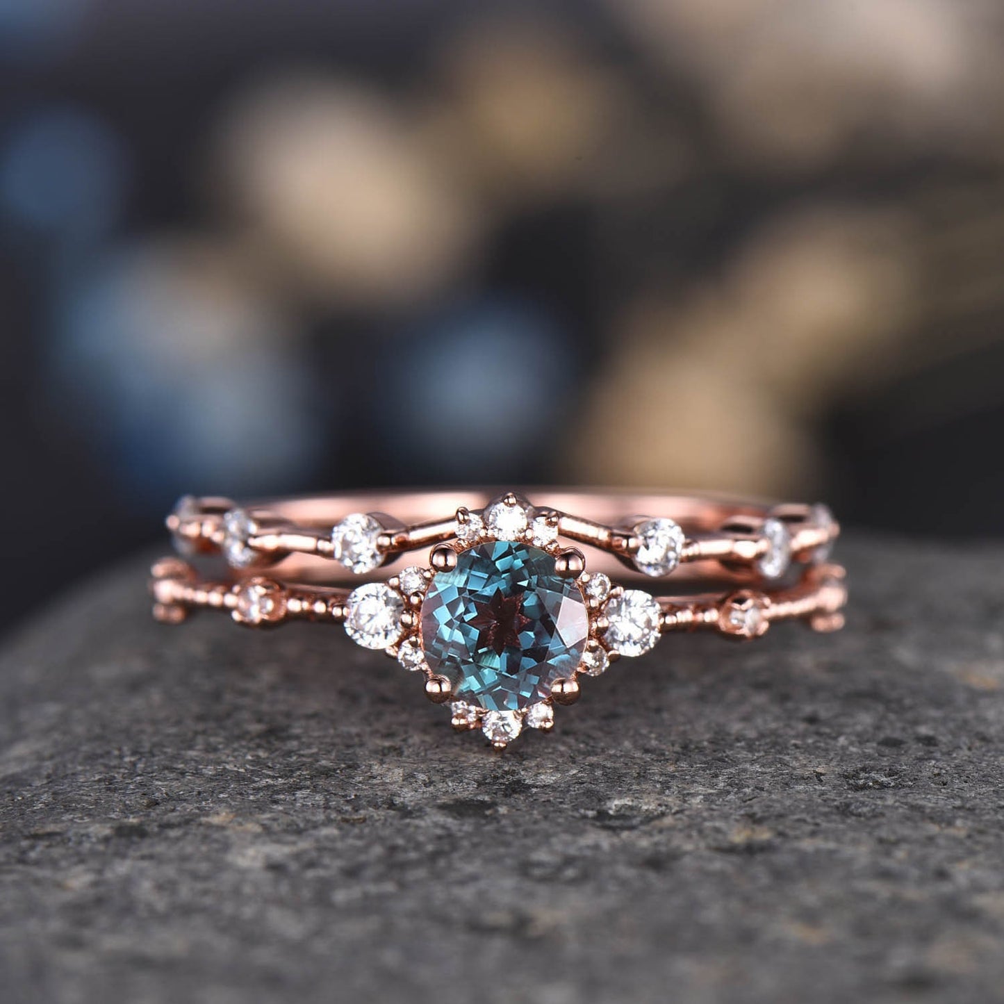 Rose Gold Moissanite Ring Set Moissanite Engagement Ring Women Diamond Moissanite Wedding Band Half Eternity Ring Minimalist Bridal Jewelry