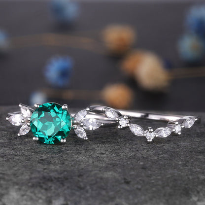 Emerald Engagement Ring White Gold Art Deco Stacking Matching Band Vintage Round Shaped Emerald Wedding Bridal Set Gift For Women