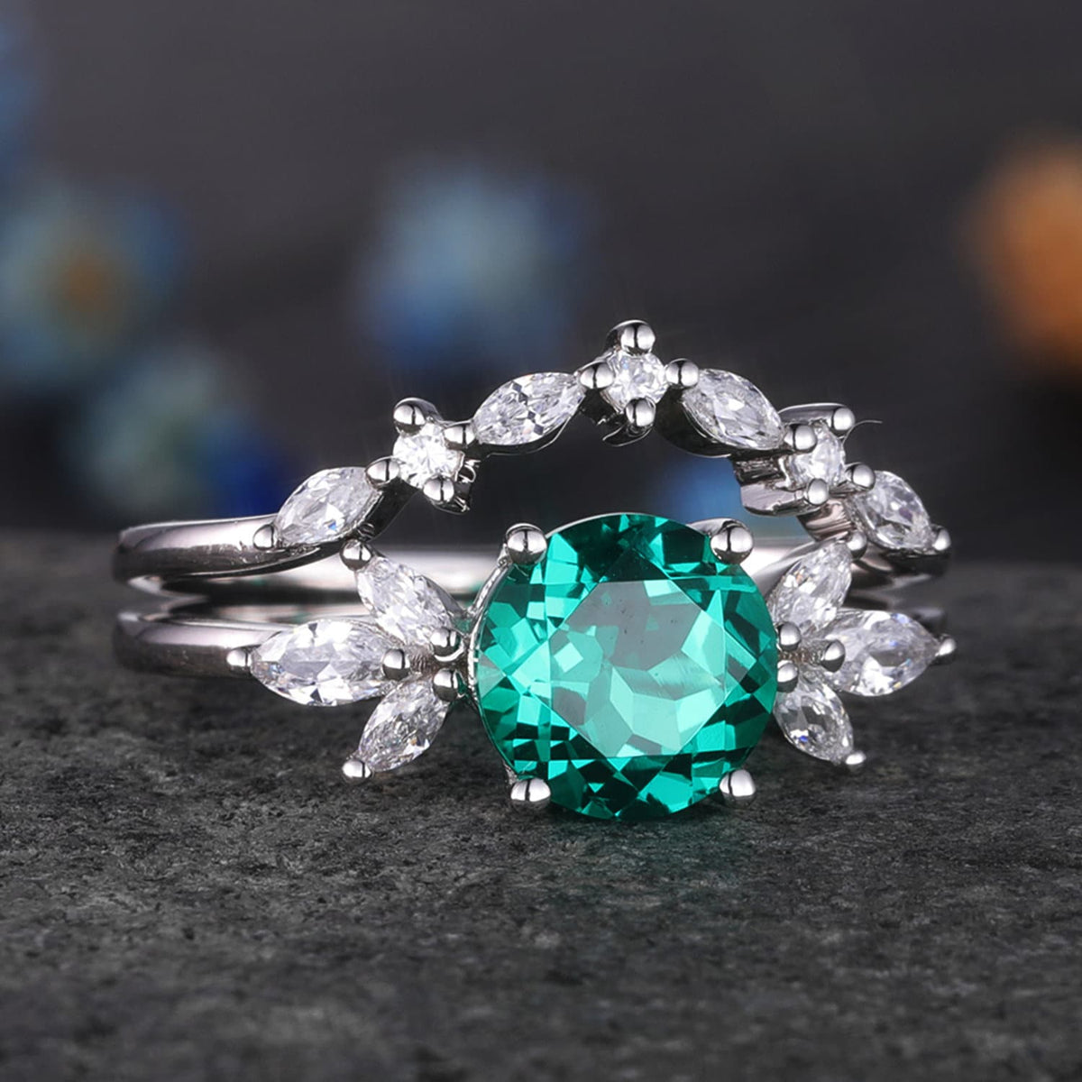 Emerald Engagement Ring White Gold Art Deco Stacking Matching Band Vintage Round Shaped Emerald Wedding Bridal Set Gift For Women