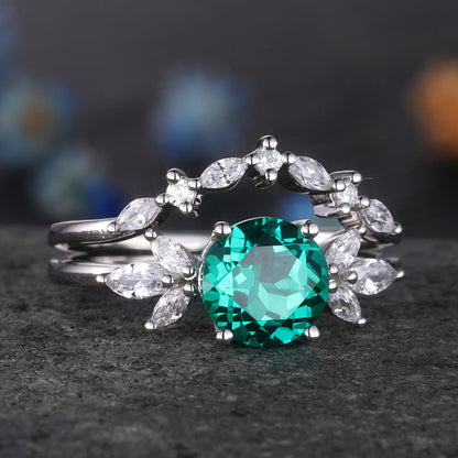 Emerald Engagement Ring White Gold Art Deco Stacking Matching Band Vintage Round Shaped Emerald Wedding Bridal Set Gift For Women
