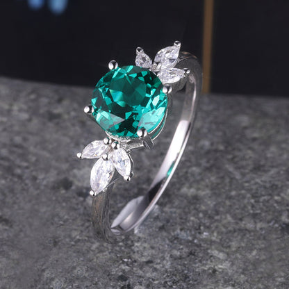 Emerald Engagement Ring White Gold Art Deco Stacking Matching Band Vintage Round Shaped Emerald Wedding Bridal Set Gift For Women