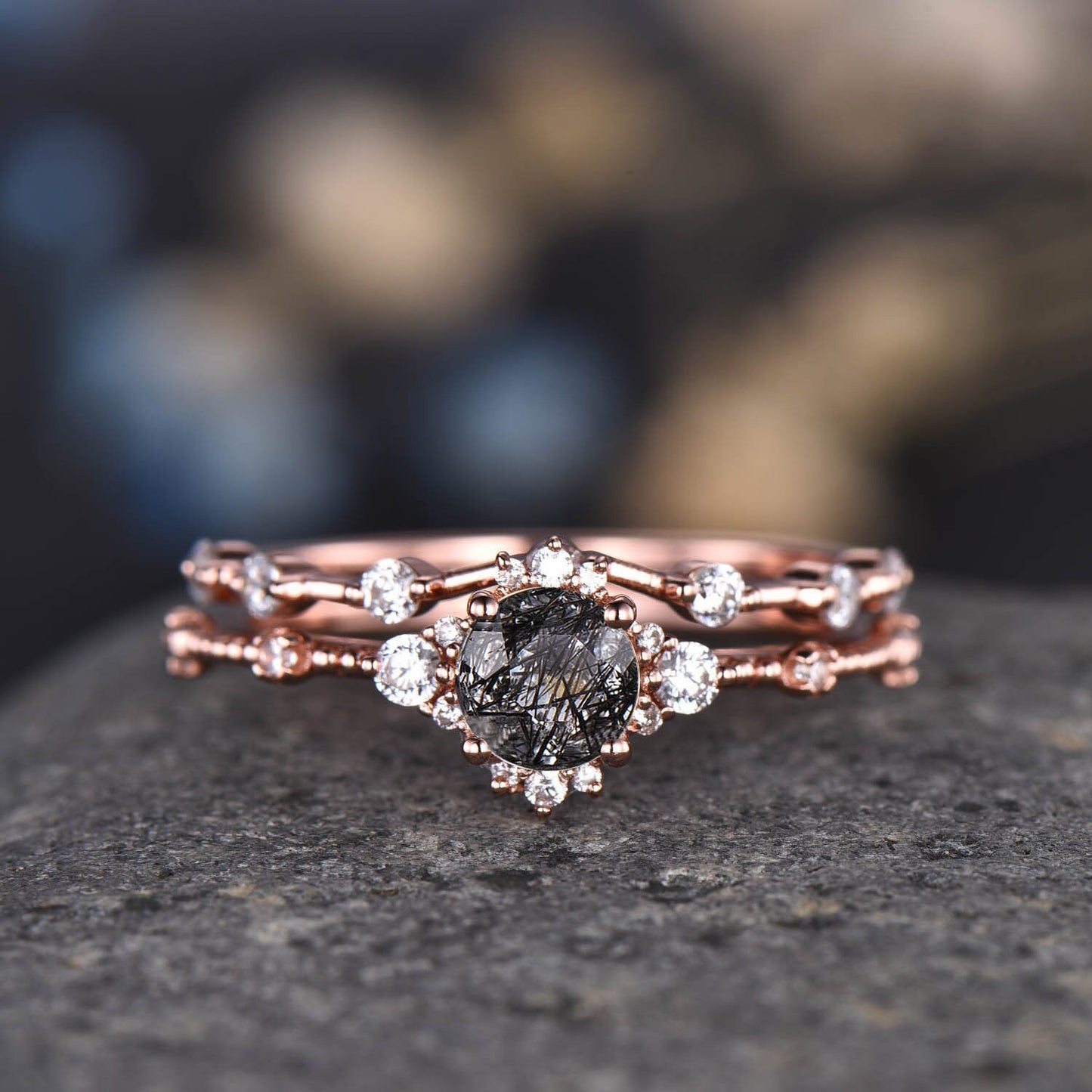 Rose Gold Moissanite Ring Set Moissanite Engagement Ring Women Diamond Moissanite Wedding Band Half Eternity Ring Minimalist Bridal Jewelry