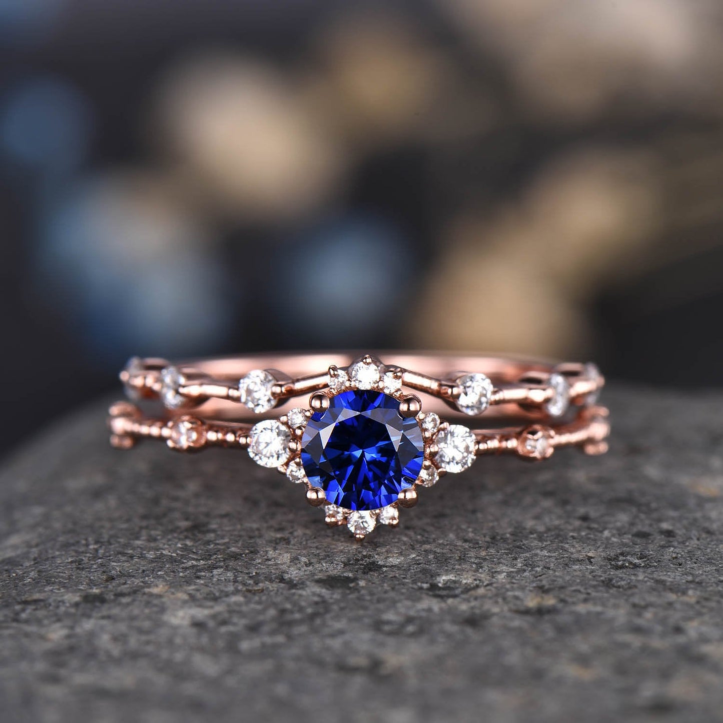 Rose Gold Moissanite Ring Set Moissanite Engagement Ring Women Diamond Moissanite Wedding Band Half Eternity Ring Minimalist Bridal Jewelry