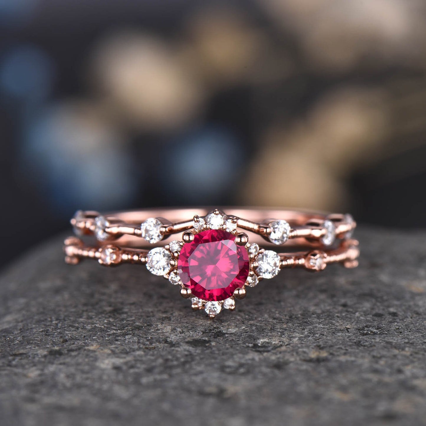 Rose Gold Moissanite Ring Set Moissanite Engagement Ring Women Diamond Moissanite Wedding Band Half Eternity Ring Minimalist Bridal Jewelry
