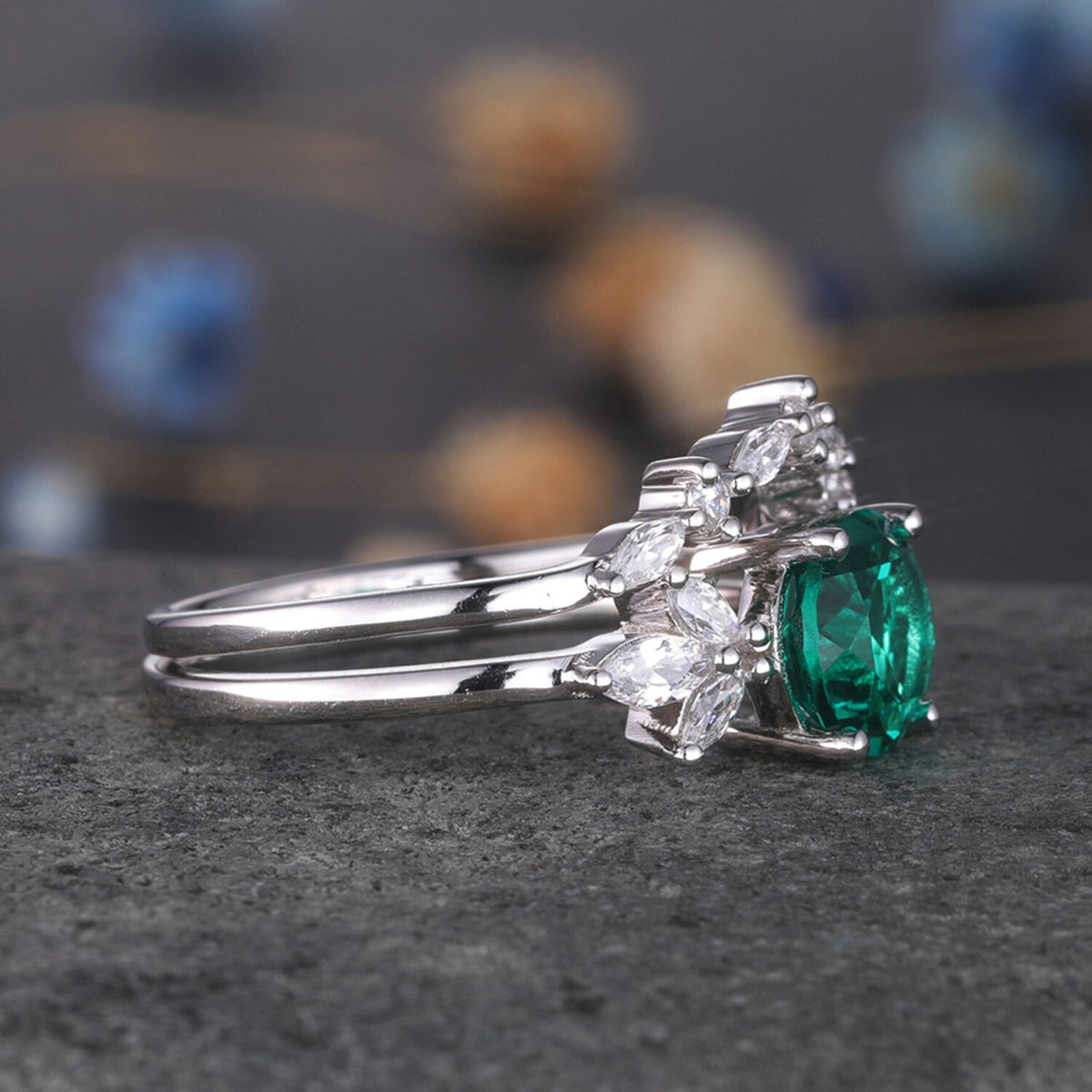 Emerald Engagement Ring White Gold Art Deco Stacking Matching Band Vintage Round Shaped Emerald Wedding Bridal Set Gift For Women