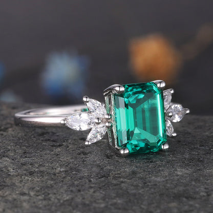 Emerald ring women moissanite engagement ring white gold art deco wedding band floral vintage bridal jewelry May birthstone anniversary gift