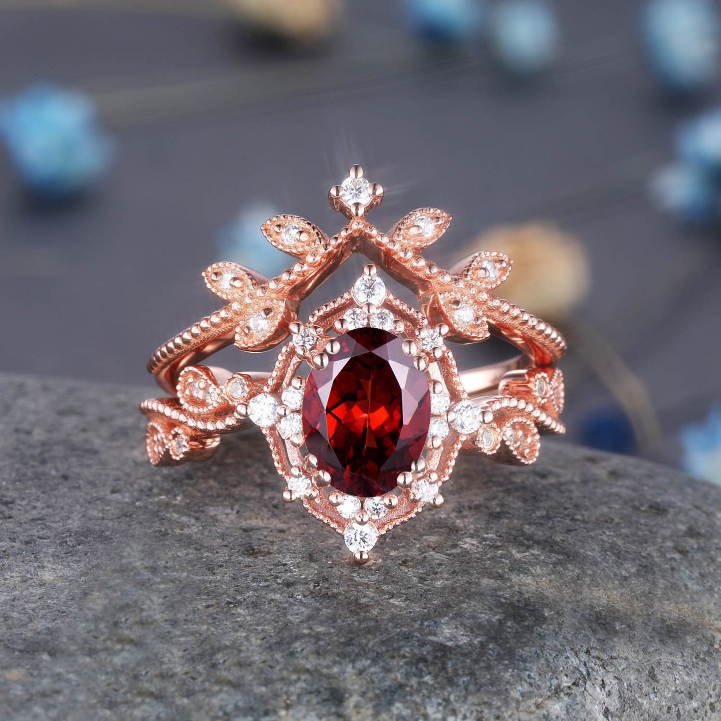 Aquamarine Wedding Ring Set Rose Gold Diamond Stackable Matching Band Aquamarine Engagement Floral Ring Art Deco Milgrain Anniversary